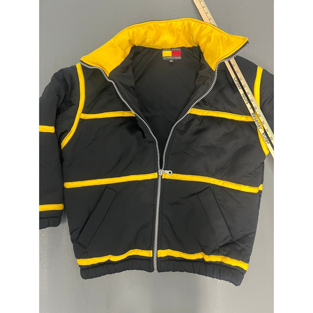 Vintage Delf Jean Authentic Gear Puffer Jacket XL Black Yellow 90s Streetwear